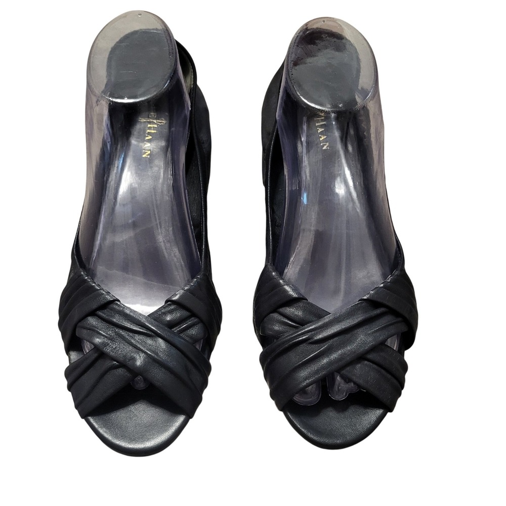 Cole Haan Black Leather Peep Toe Low Wedge Heel Shoes Office Minimalist 9.5